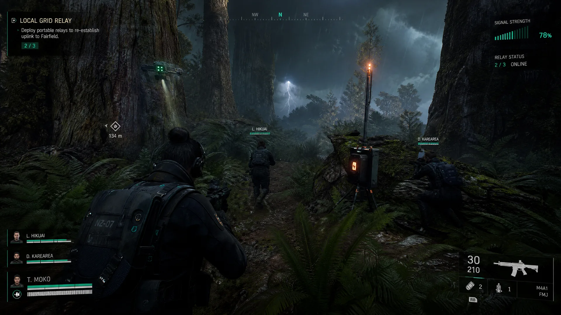 Three playable operatives using drones and signal relays in a stormy kauri forest.