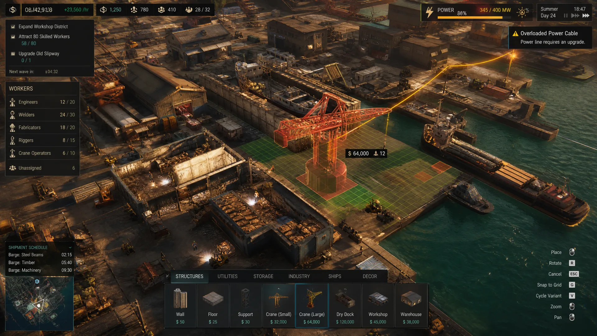 Isometric shipyard management gameplay with cranes, workers and vessel modules.