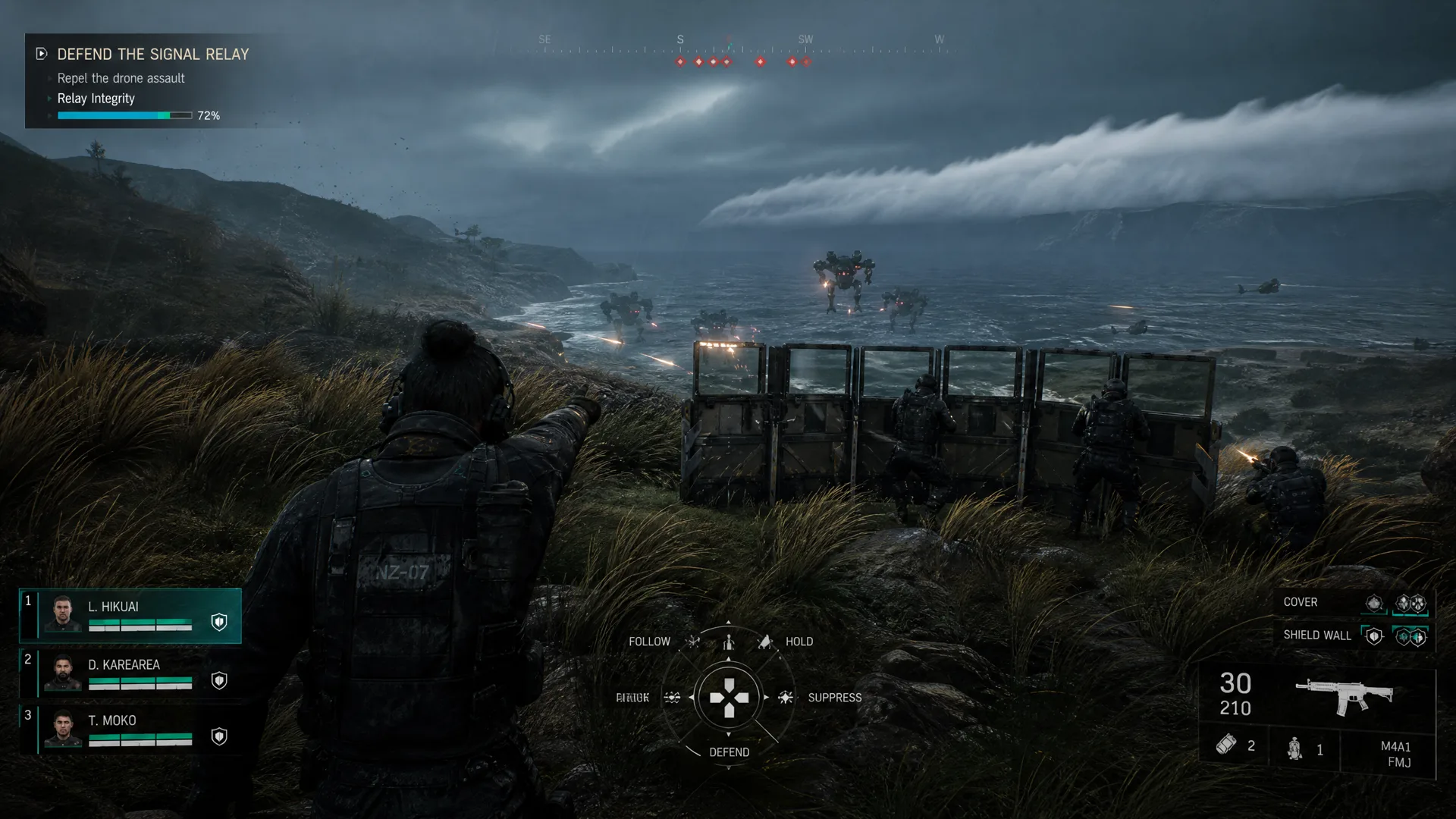 A player fighter defending airships between floating green islands.