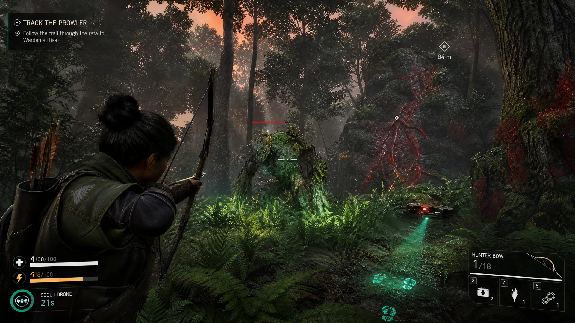 A ranger confronting a stone guardian beneath giant glowing rātā trees.